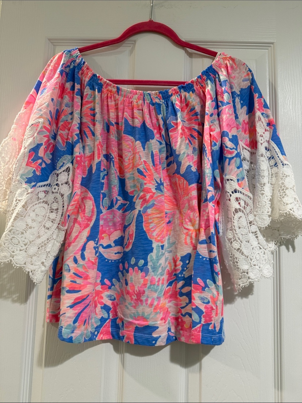 Lilly Pulitzer Blue & Pink Floral Off-Shoulder Top with White Crochet Sleeves